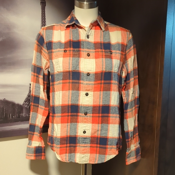 American eagle heritage Tops - Stylish Plaid Button Down Shirt - Orange and Blue
